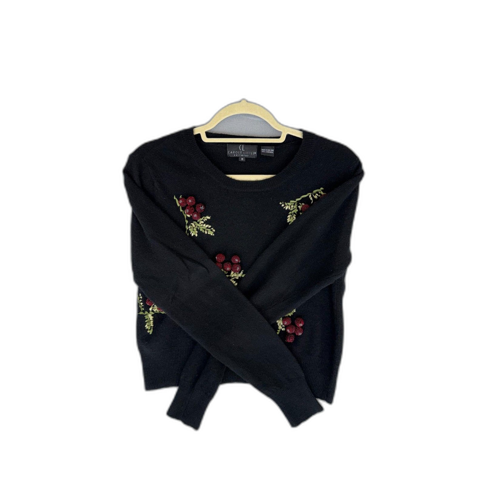 100% Lambswool Carole Little Fun Holiday Sweater with Holly Berries! M